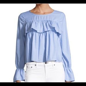JOIE ADOTTE RUFFLE SMOCK TOP, LONG SLEEVE RUFFLE BLUE BLOUSE SMOCK TOP NEW